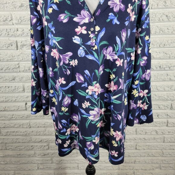 Karen Scott Women Top 2X Plus 3/4 Sleeve Blue Floral Quarter Button FLO121XE - Picture 4 of 10